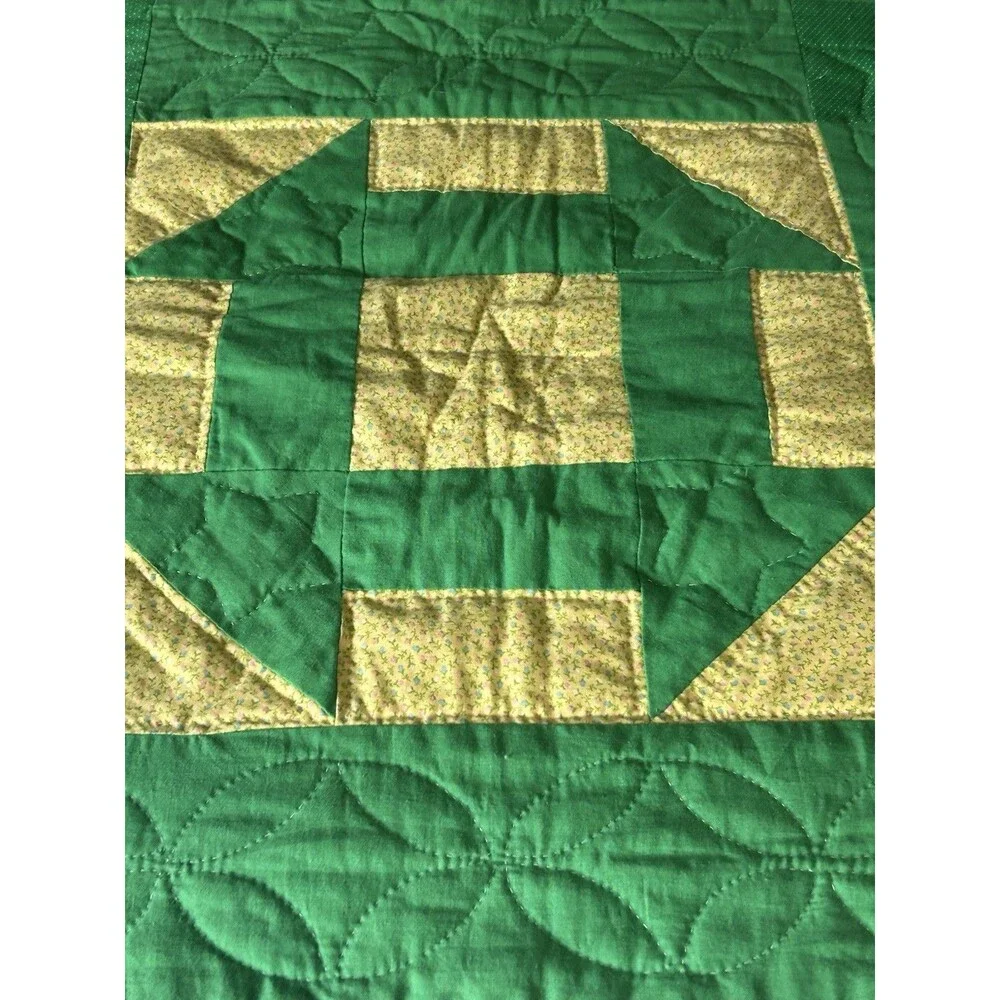 Vintage Handmade Patchwork  Quilt Green White Yellow Butterfly Flowers 78” X 98”